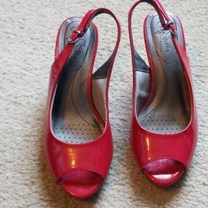 Red peep toe heels